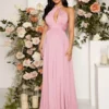 Vaaleanpunainen mekko Pregnancy cross-over halter keulalla
