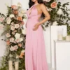 Vaaleanpunainen mekko Pregnancy cross-over halter keulalla