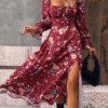 Naisten kukkakuvioiset röyhelöt Solmio edessä Midi-mekko Naisten Boho-solmuiset röyhelöt Halkaistut reisit pitkähihainen, neliönmuotoinen pääntie Normaali istuvuus Pitkä ruusunpunainen röyhelö A-linjainen Naisten Midi-mekot Kevät Kesä Uusi Vuosi Vapaa-ajan asut Maxi Holiday Beach Wear