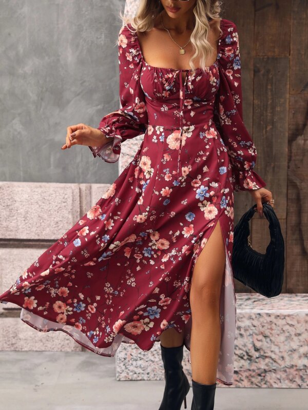 Naisten kukkakuvioiset röyhelöt Solmio edessä Midi-mekko Naisten Boho-solmuiset röyhelöt Halkaistut reisit pitkähihainen, neliönmuotoinen pääntie Normaali istuvuus Pitkä ruusunpunainen röyhelö A-linjainen Naisten Midi-mekot Kevät Kesä Uusi Vuosi Vapaa-ajan asut Maxi Holiday Beach Wear